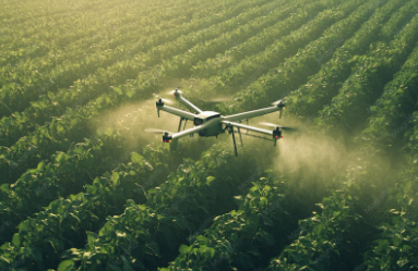 Agricultural drone spraying pesticide over a green crop field