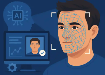 Illustration of AI-powered face recognition with facial landmark mesh and identity verification
